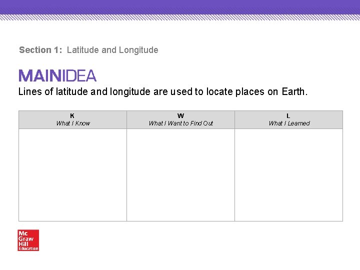 Section 1: Latitude and Longitude Lines of latitude and longitude are used to locate