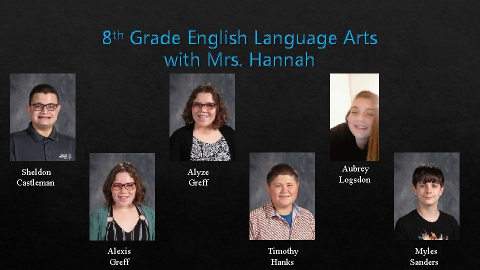 8 th Grade English Language Arts with Mrs. Hannah Sheldon Castleman Aubrey Logsdon Alyze