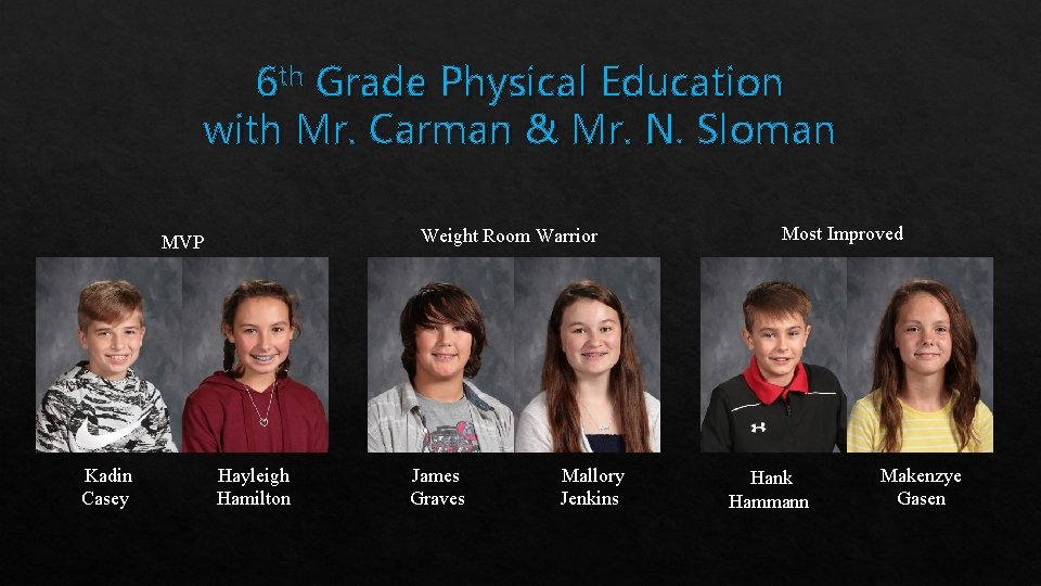 6 th Grade Physical Education with Mr. Carman & Mr. N. Sloman Weight Room