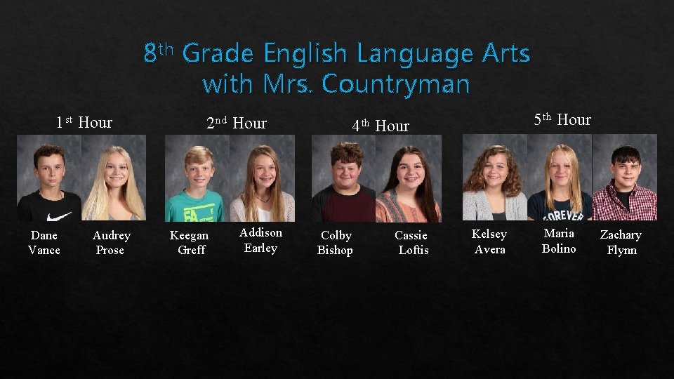 8 th Grade English Language Arts with Mrs. Countryman 1 st Hour Dane Vance