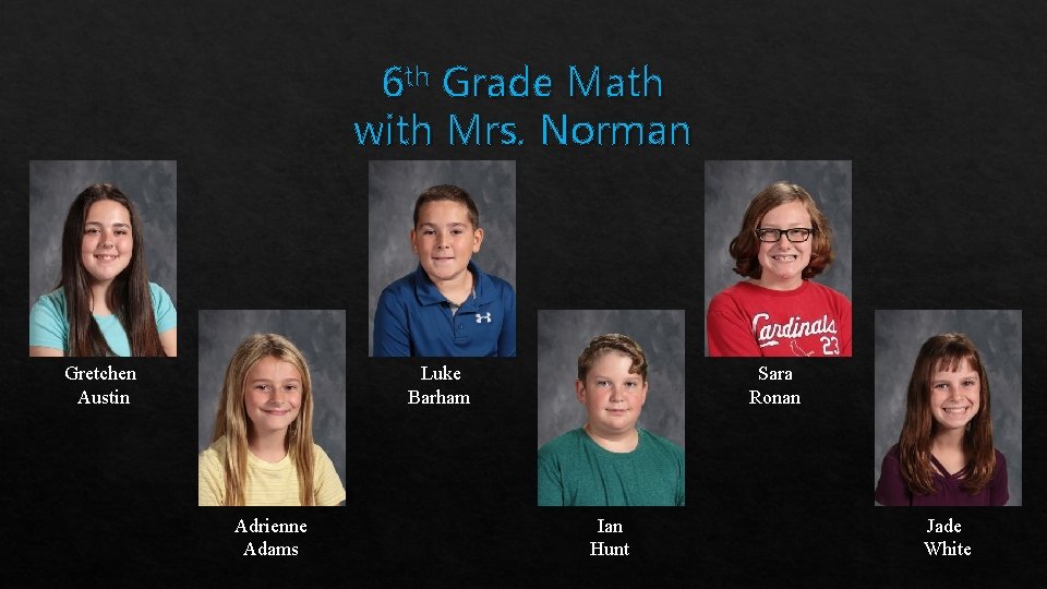 6 th Grade Math with Mrs. Norman Gretchen Austin Luke Barham Adrienne Adams Sara