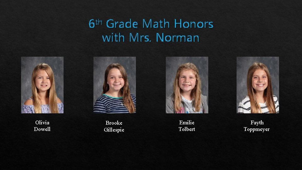 6 th Grade Math Honors with Mrs. Norman Olivia Dowell Brooke Gillespie Emilie Tolbert