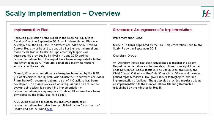 Scally Implementation – Overview Implementation Plan Governance Arrangements for Implementation Following publication of the