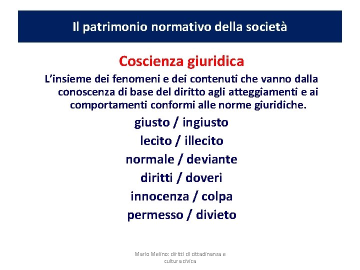 Il patrimonio normativo della società Coscienza giuridica L’insieme dei fenomeni e dei contenuti che