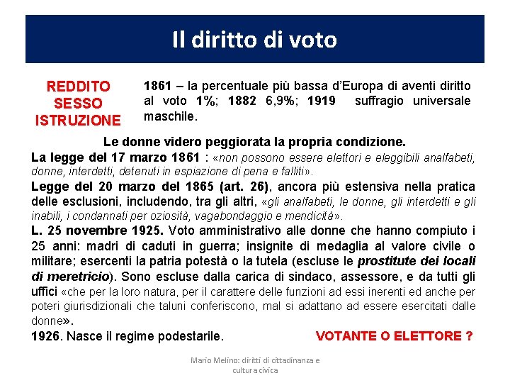 Il diritto di voto REDDITO SESSO ISTRUZIONE 1861 – la percentuale più bassa d’Europa