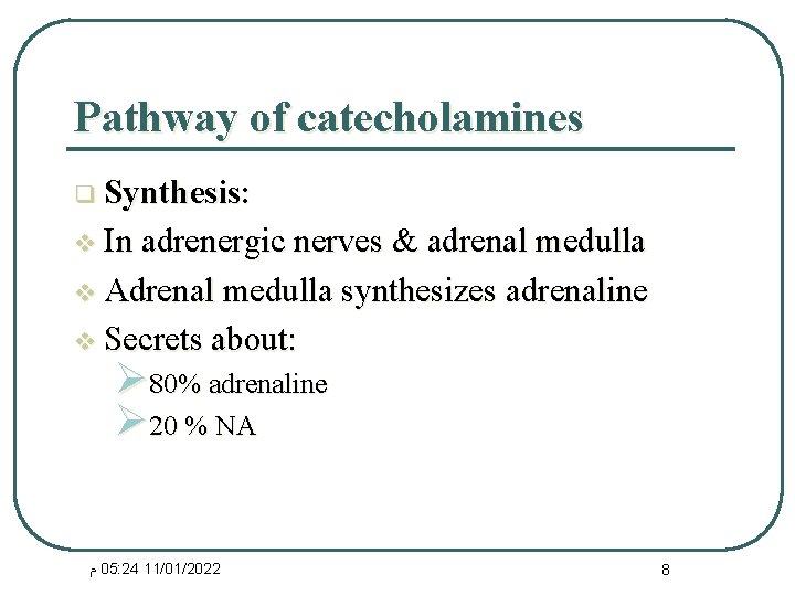 Pathway of catecholamines q Synthesis: v In adrenergic nerves & adrenal medulla v Adrenal