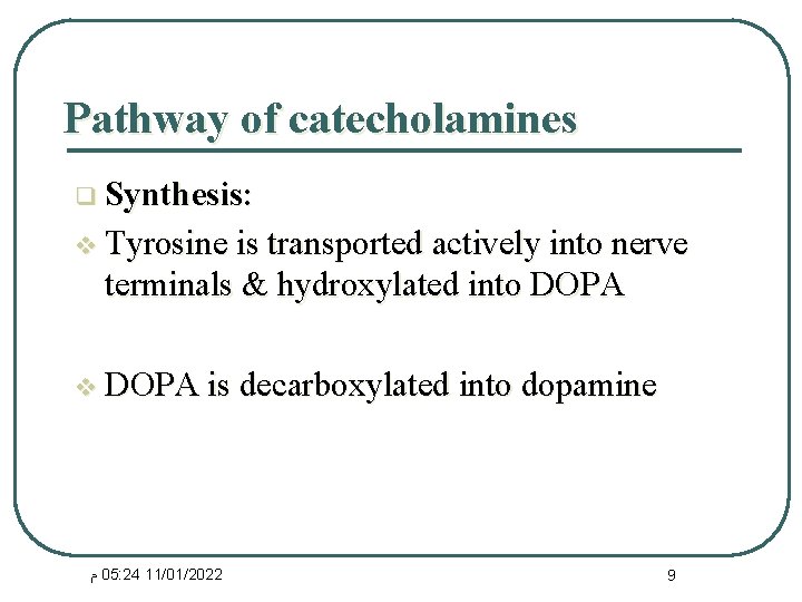 Pathway of catecholamines q Synthesis: v Tyrosine is transported actively into nerve terminals &