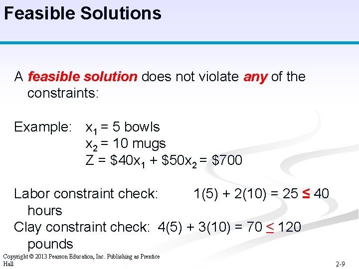 Feasible Solutions A feasible solution does not violate any of the constraints: Example: x