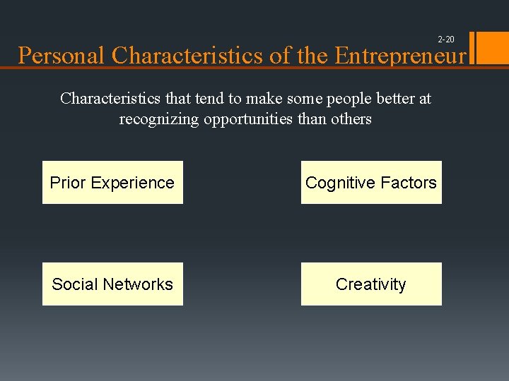 2 -20 Personal Characteristics of the Entrepreneur Characteristics that tend to make some people