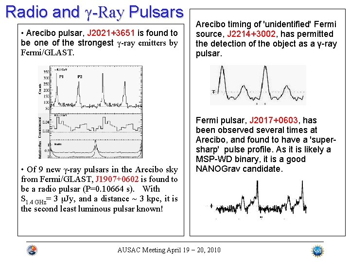 Radio and γ-Ray Pulsars • Arecibo pulsar, J 2021+3651 is found to be one