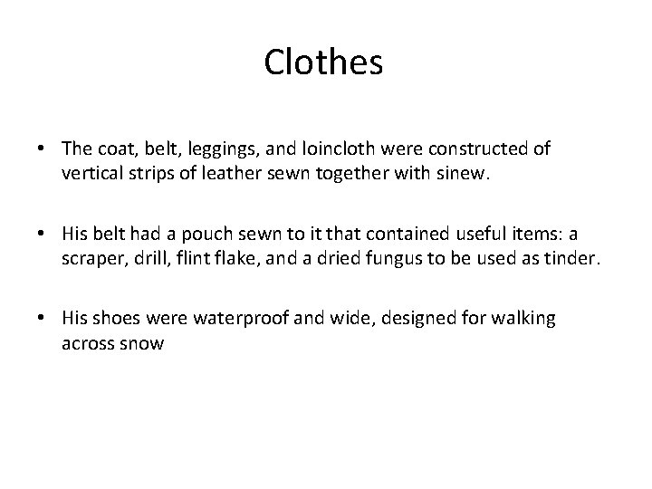 Clothes • The coat, belt, leggings, and loincloth were constructed of vertical strips of