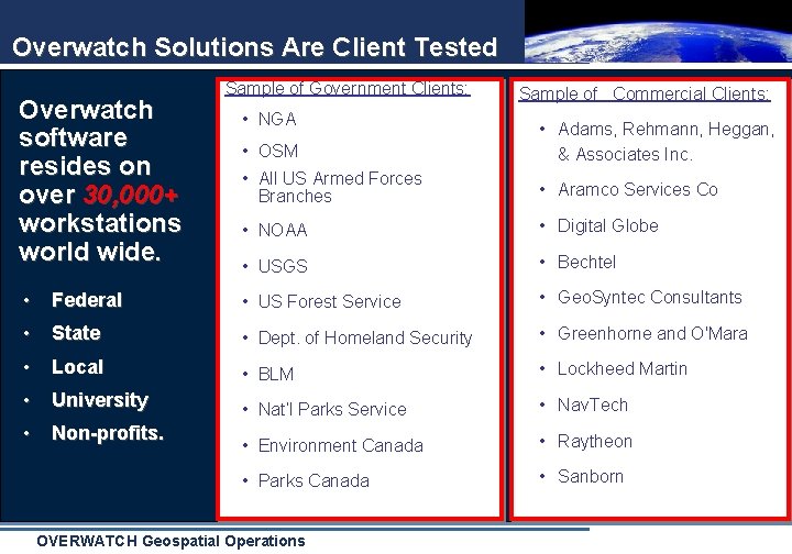 Overwatch Solutions Are Client Tested Overwatch software resides on over 30, 000+ workstations world