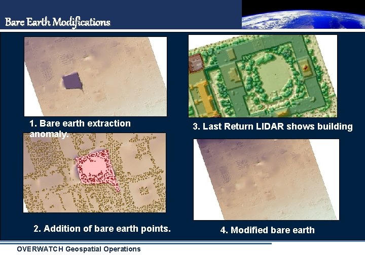 Bare Earth Modifications 1. Bare earth extraction anomaly. 2. Addition of bare earth points.