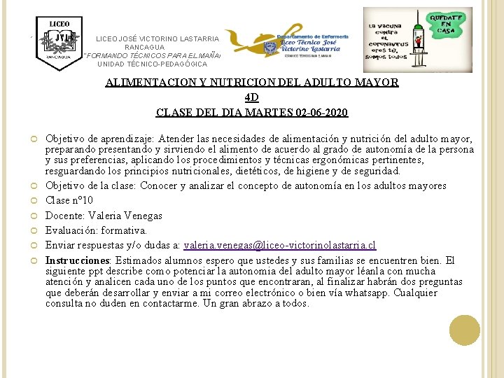 ´ LICEO JOSÉ VICTORINO LASTARRIA RANCAGUA “FORMANDO TÉCNICOS PARA EL MAÑANA” UNIDAD TÉCNICO-PEDAGÓGICA ALIMENTACION