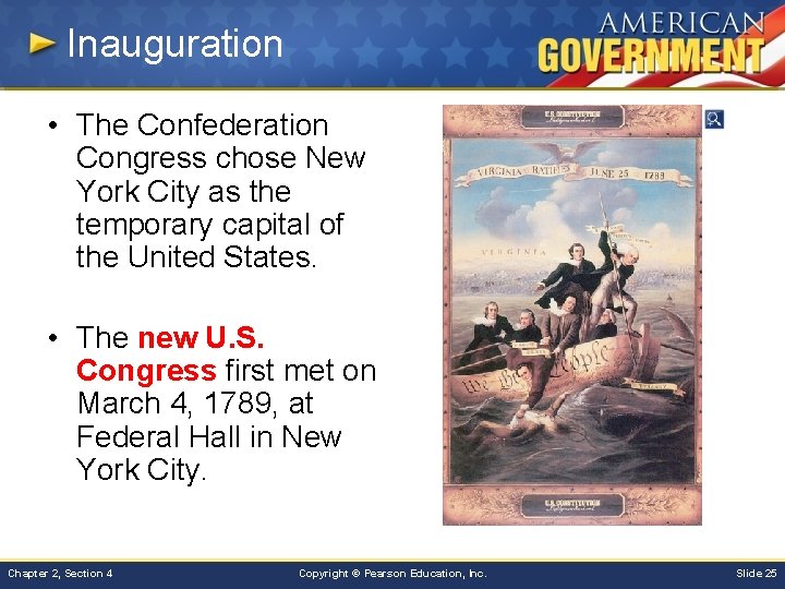 Inauguration • The Confederation Congress chose New York City as the temporary capital of