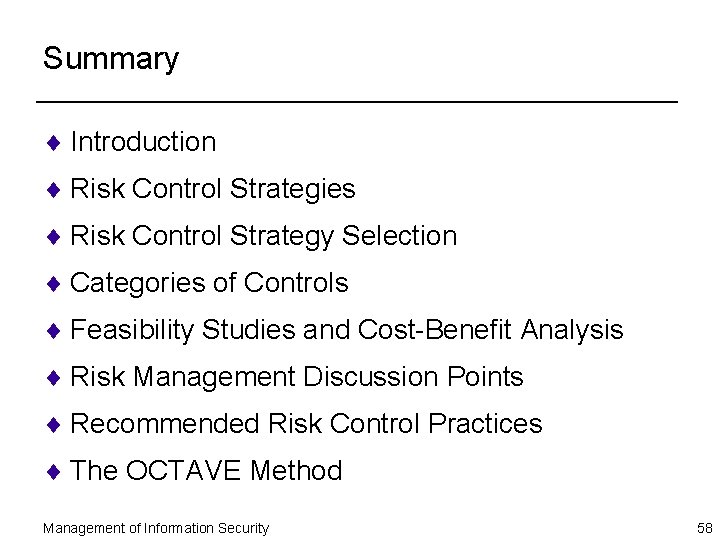 Summary ¨ Introduction ¨ Risk Control Strategies ¨ Risk Control Strategy Selection ¨ Categories