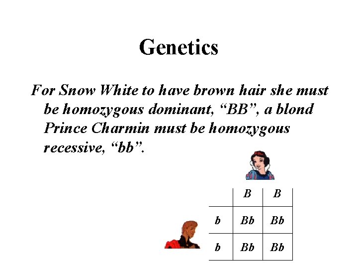 Genetics For Snow White to have brown hair she must be homozygous dominant, “BB”,