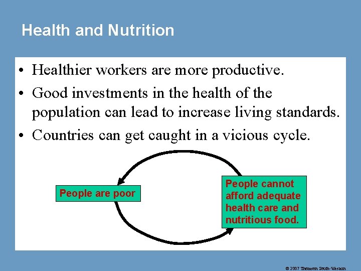 Health and Nutrition • Healthier workers are more productive. • Good investments in the
