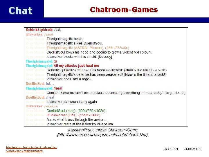 Chatroom-Games Ausschnitt aus einem Chatroom-Game (http: //www. moocowpenguin. net/chubr/chub 1. htm) Medienpsychologische Analyse des