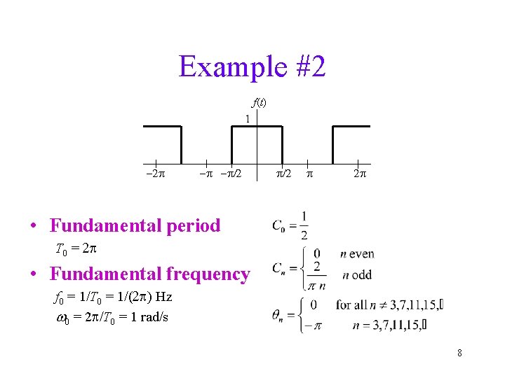 Example #2 f(t) 1 -2 p -p -p/2 p 2 p • Fundamental period