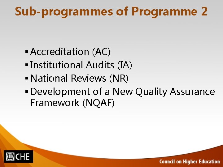 Sub-programmes of Programme 2 Accreditation (AC) Institutional Audits (IA) National Reviews (NR) Development of