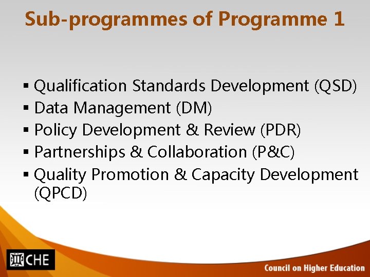 Sub-programmes of Programme 1 Qualification Standards Development (QSD) Data Management (DM) Policy Development &