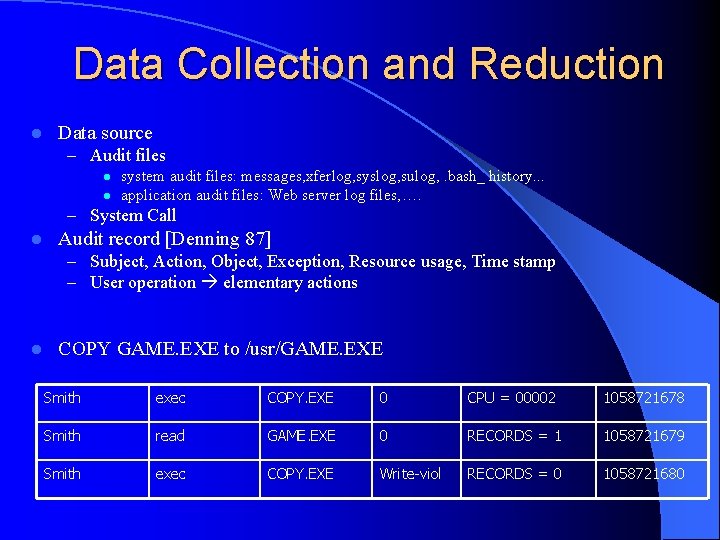 Data Collection and Reduction l Data source – Audit files l system audit files: