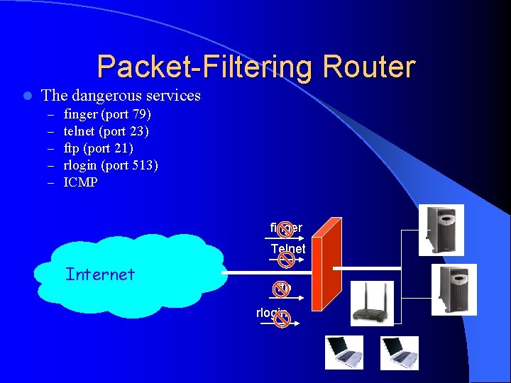 Packet-Filtering Router l The dangerous services – – – finger (port 79) telnet (port