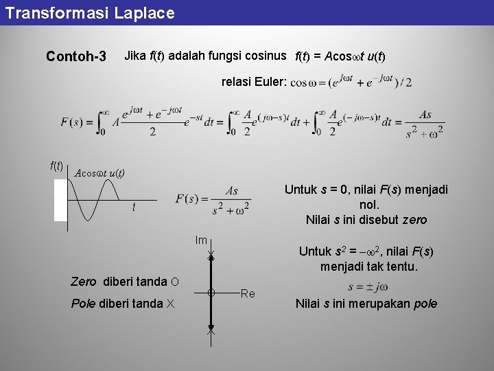 Transformasi Laplace Contoh-3 Jika f(t) adalah fungsi cosinus f(t) = Acos t u(t) relasi Transformasi Laplace Contoh-3 Jika f(t) adalah fungsi cosinus f(t) = Acos t u(t) relasi