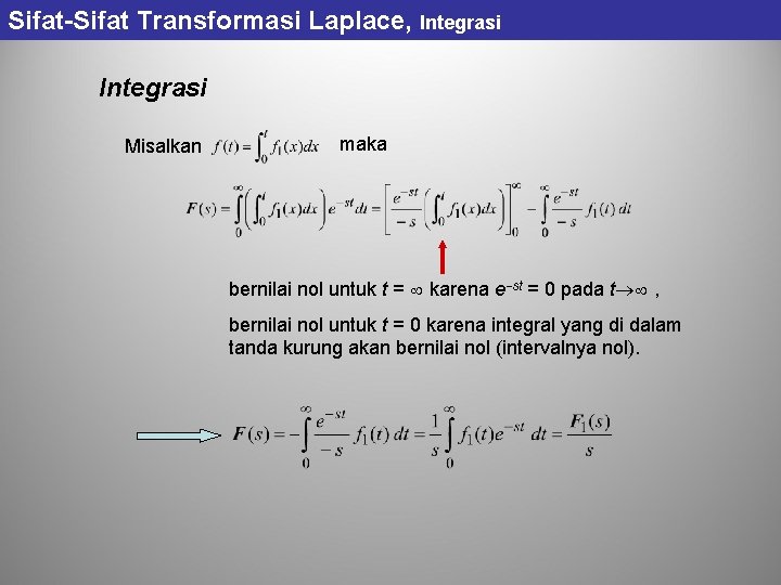 Sifat-Sifat Transformasi Laplace, Integrasi Misalkan maka bernilai nol untuk t = karena e st Sifat-Sifat Transformasi Laplace, Integrasi Misalkan maka bernilai nol untuk t = karena e st