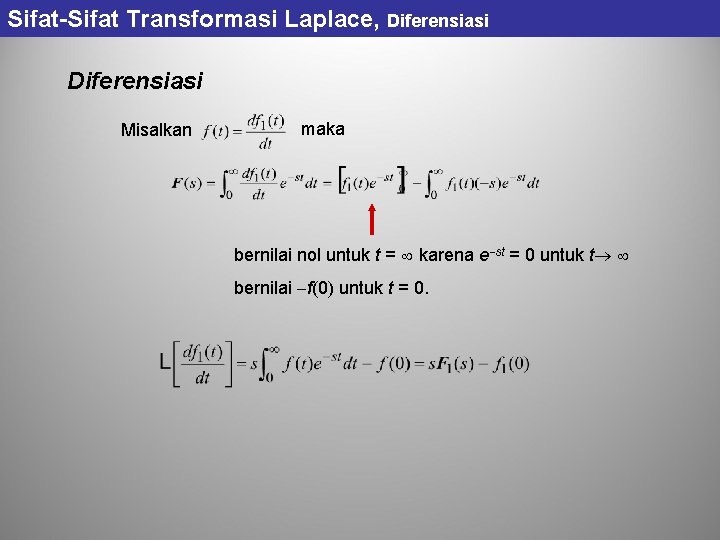 Sifat-Sifat Transformasi Laplace, Diferensiasi Misalkan maka bernilai nol untuk t = karena e st Sifat-Sifat Transformasi Laplace, Diferensiasi Misalkan maka bernilai nol untuk t = karena e st