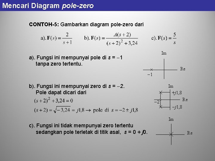 Mencari Diagram pole-zero CONTOH-5: Gambarkan diagram pole-zero dari a). Fungsi ini mempunyai pole di Mencari Diagram pole-zero CONTOH-5: Gambarkan diagram pole-zero dari a). Fungsi ini mempunyai pole di