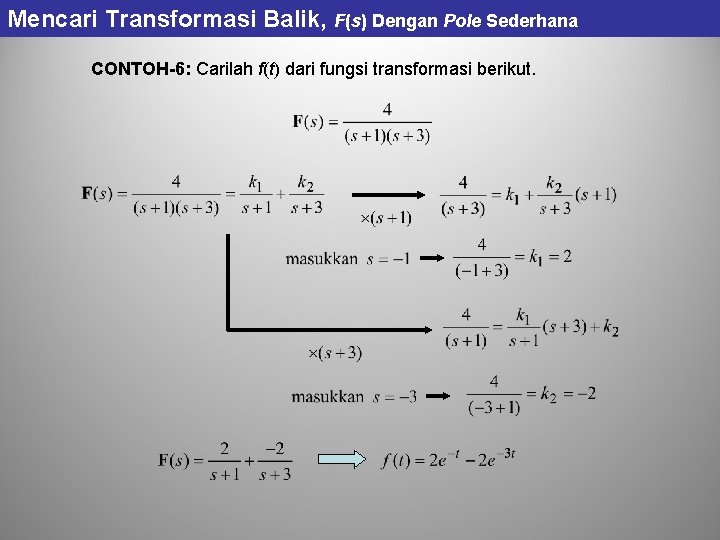 Mencari Transformasi Balik, F(s) Dengan Pole Sederhana CONTOH-6: Carilah f(t) dari fungsi transformasi berikut. Mencari Transformasi Balik, F(s) Dengan Pole Sederhana CONTOH-6: Carilah f(t) dari fungsi transformasi berikut.