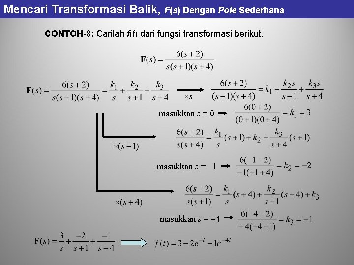 Mencari Transformasi Balik, F(s) Dengan Pole Sederhana CONTOH-8: Carilah f(t) dari fungsi transformasi berikut. Mencari Transformasi Balik, F(s) Dengan Pole Sederhana CONTOH-8: Carilah f(t) dari fungsi transformasi berikut.