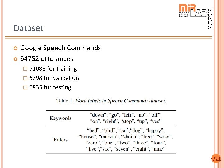 2022/1/10 Dataset Google Speech Commands 64752 utterances � 51088 for training � 6798 for