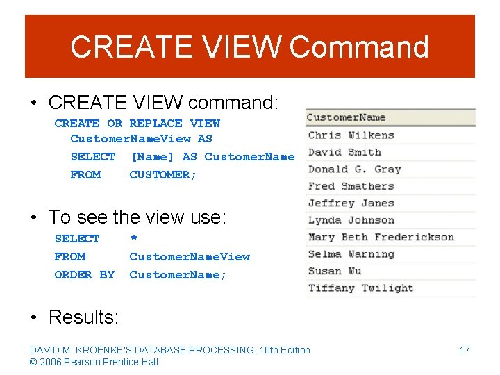CREATE VIEW Command • CREATE VIEW command: CREATE OR REPLACE VIEW Customer. Name. View