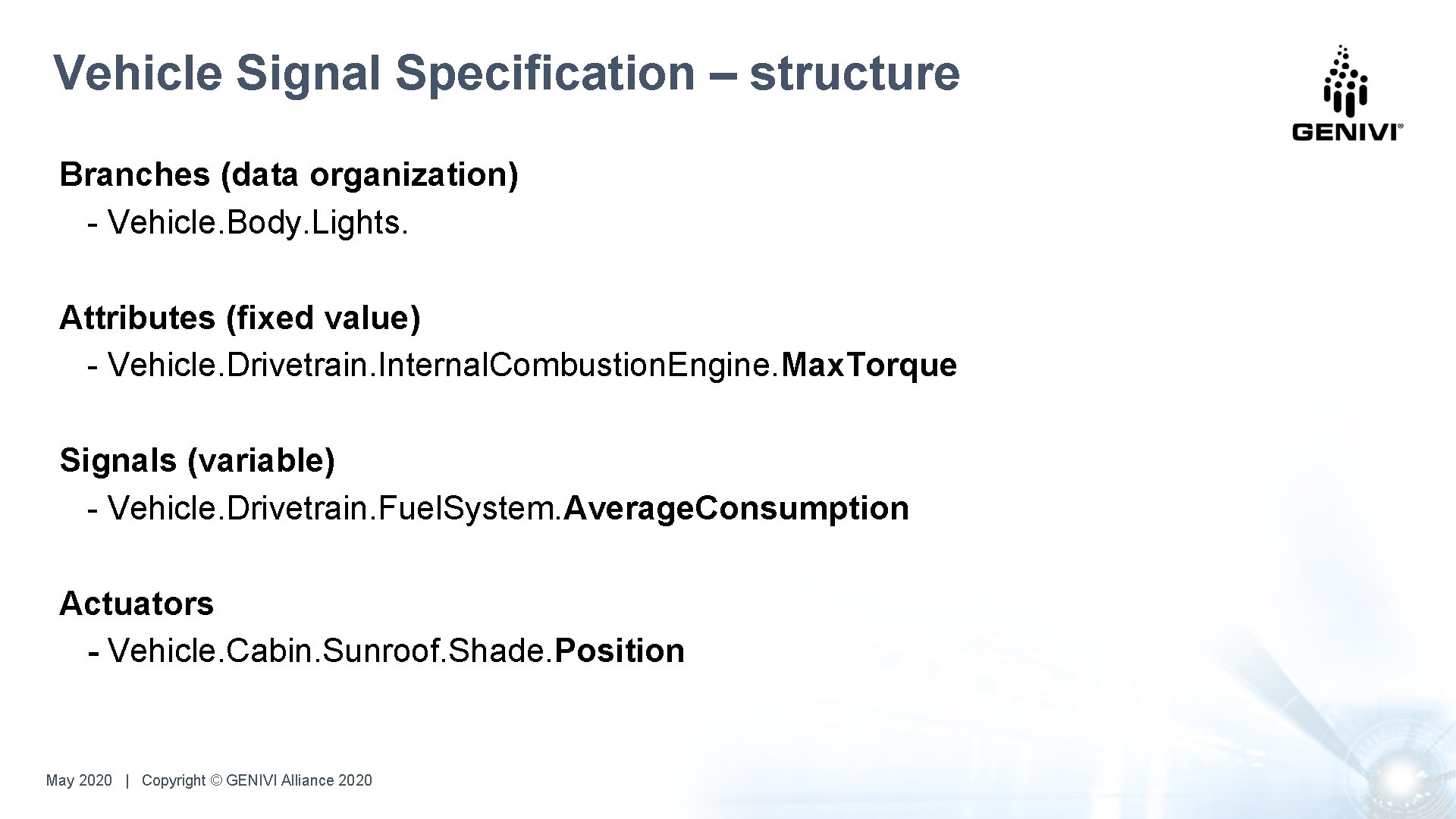 Vehicle Signal Specification – structure Branches (data organization) - Vehicle. Body. Lights. Attributes (fixed Vehicle Signal Specification – structure Branches (data organization) - Vehicle. Body. Lights. Attributes (fixed