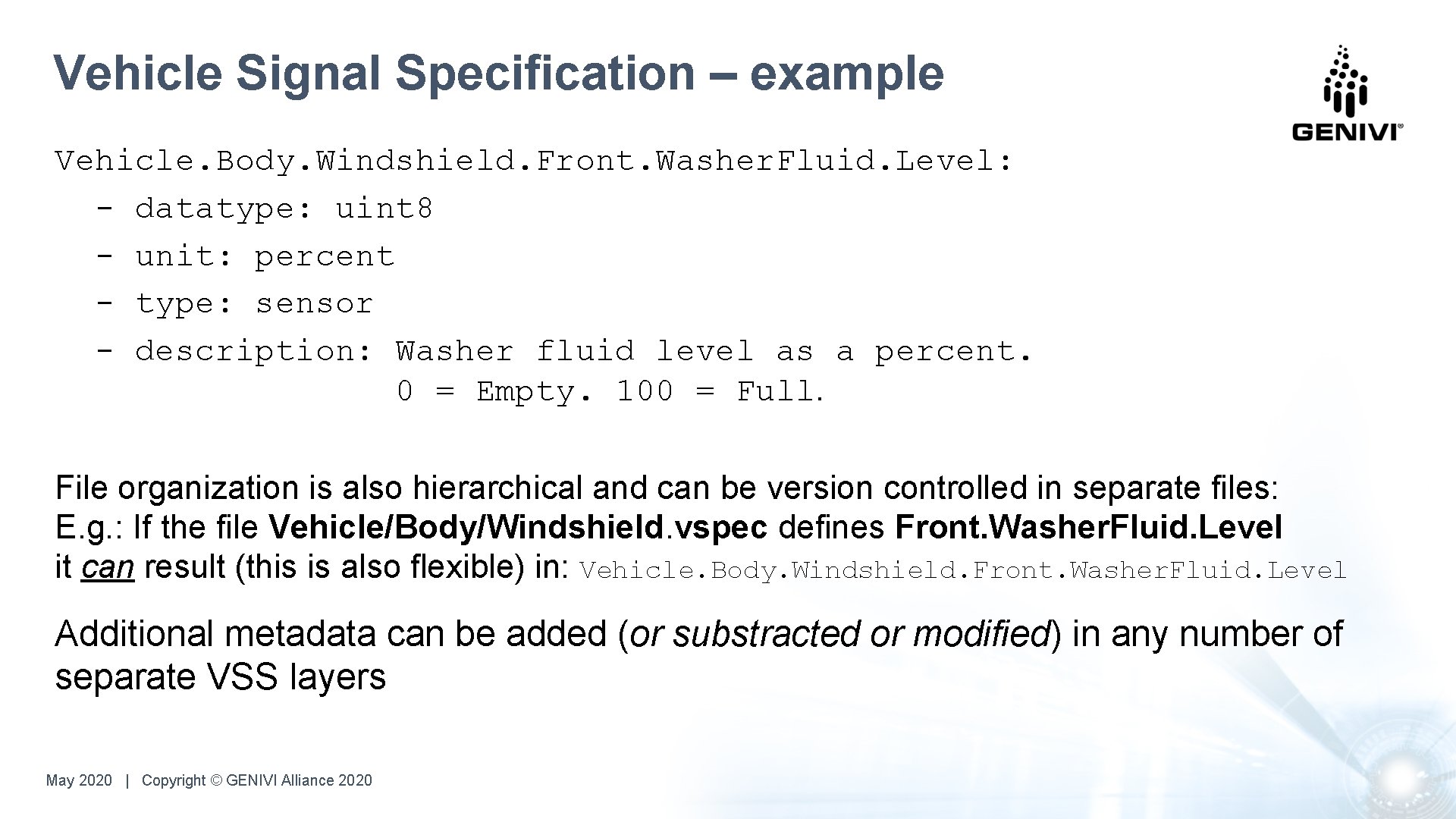 Vehicle Signal Specification – example Vehicle. Body. Windshield. Front. Washer. Fluid. Level: - datatype: Vehicle Signal Specification – example Vehicle. Body. Windshield. Front. Washer. Fluid. Level: - datatype: