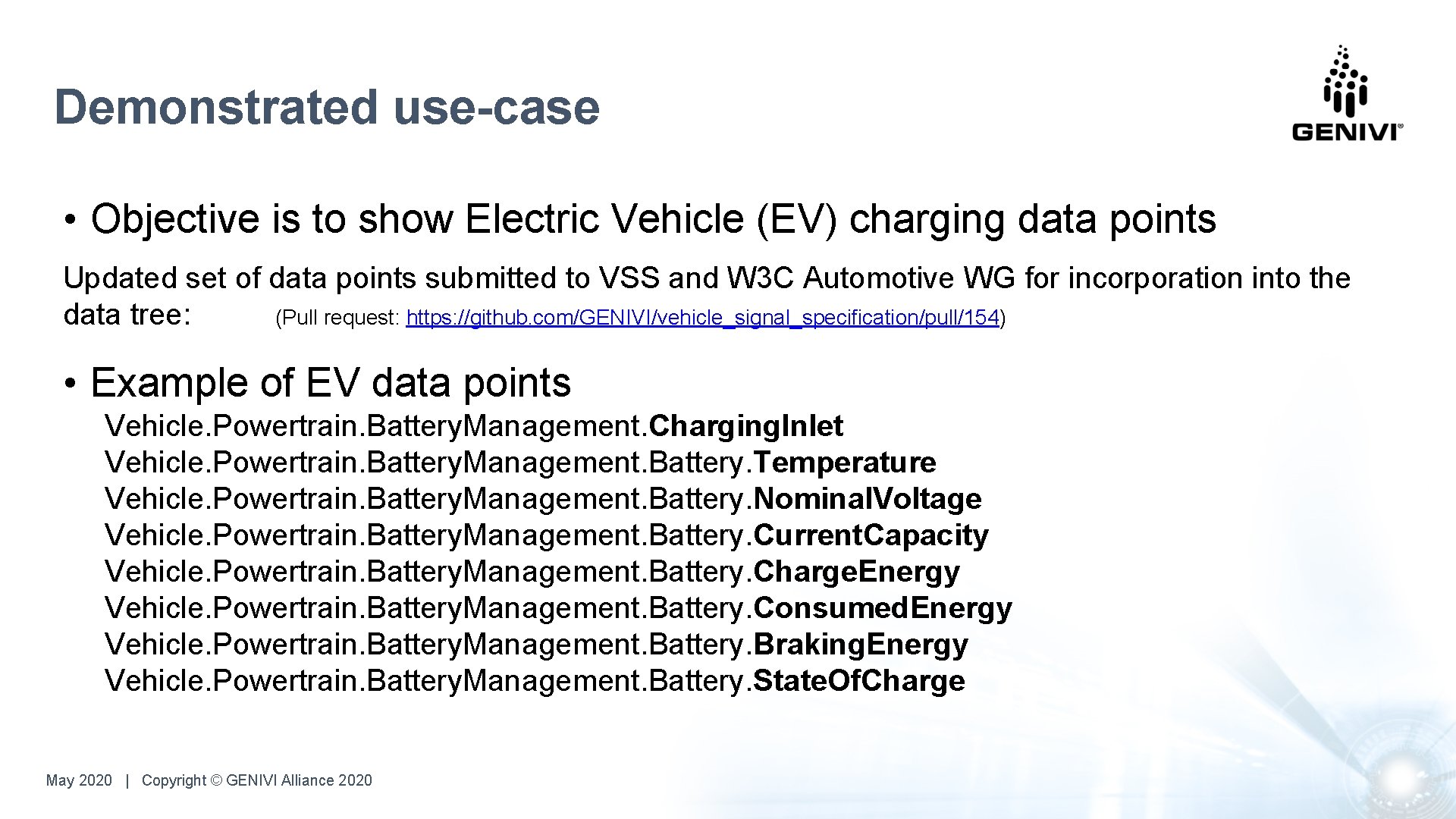 Demonstrated use-case • Objective is to show Electric Vehicle (EV) charging data points Updated Demonstrated use-case • Objective is to show Electric Vehicle (EV) charging data points Updated
