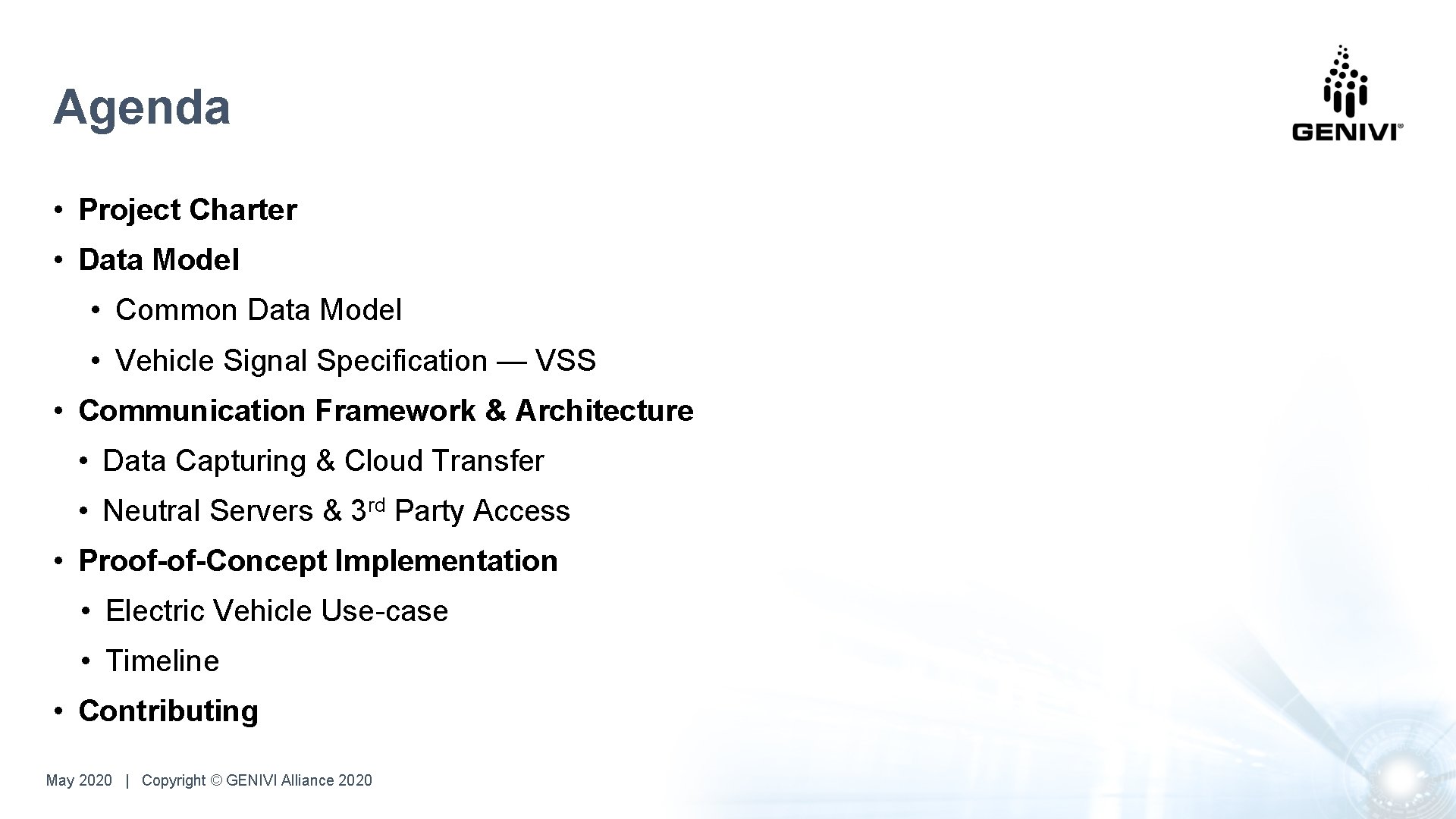 Agenda • Project Charter • Data Model • Common Data Model • Vehicle Signal Agenda • Project Charter • Data Model • Common Data Model • Vehicle Signal
