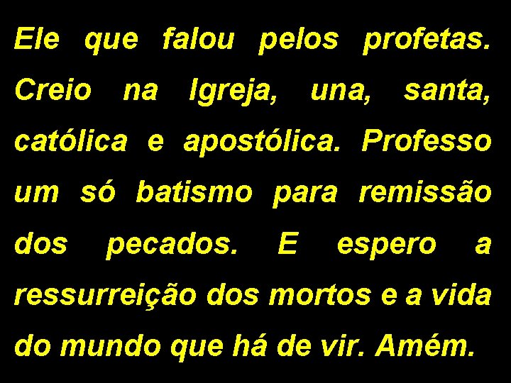 Ele que falou pelos profetas. Creio na Igreja, una, santa, católica e apostólica. Professo