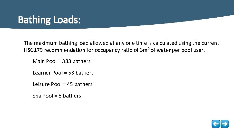 Bathing Loads: The maximum bathing load allowed at any one time is calculated using