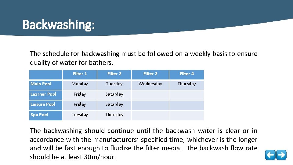 Backwashing: The schedule for backwashing must be followed on a weekly basis to ensure