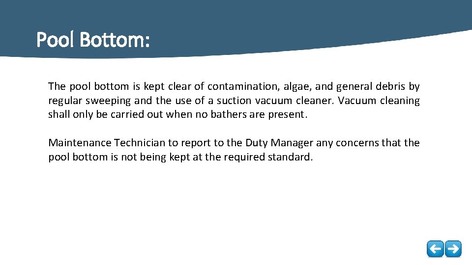 Pool Bottom: The pool bottom is kept clear of contamination, algae, and general debris