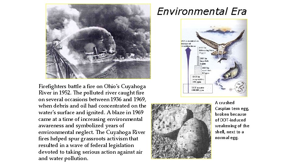 Environmental Era Firefighters battle a fire on Ohio's Cuyahoga River in 1952. The polluted Environmental Era Firefighters battle a fire on Ohio's Cuyahoga River in 1952. The polluted