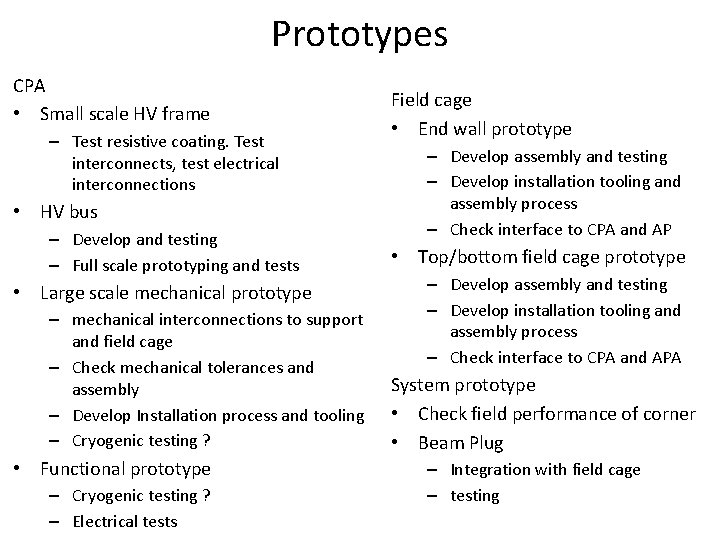 Prototypes CPA • Small scale HV frame – Test resistive coating. Test interconnects, test