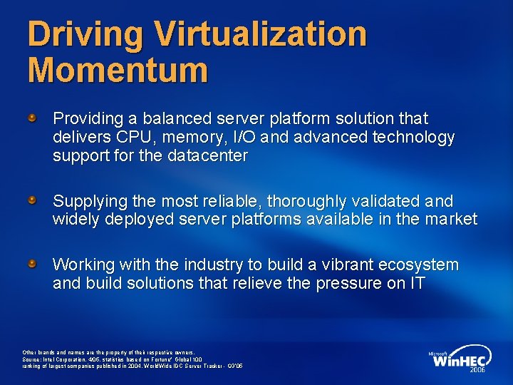 Driving Virtualization Momentum Providing a balanced server platform solution that delivers CPU, memory, I/O