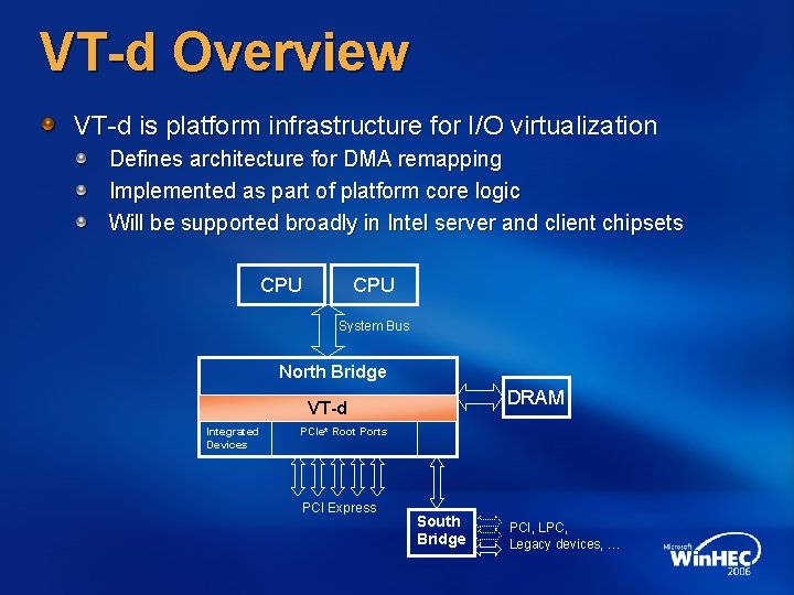 VT-d Overview VT-d is platform infrastructure for I/O virtualization Defines architecture for DMA remapping