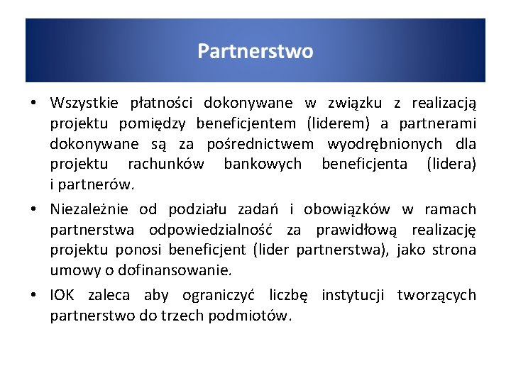  • Wszystkie płatności dokonywane w związku z realizacją projektu pomiędzy beneficjentem (liderem) a