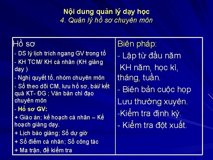 Nội dung quản lý dạy học 4. Quản lý hồ sơ chuyên môn Hồ